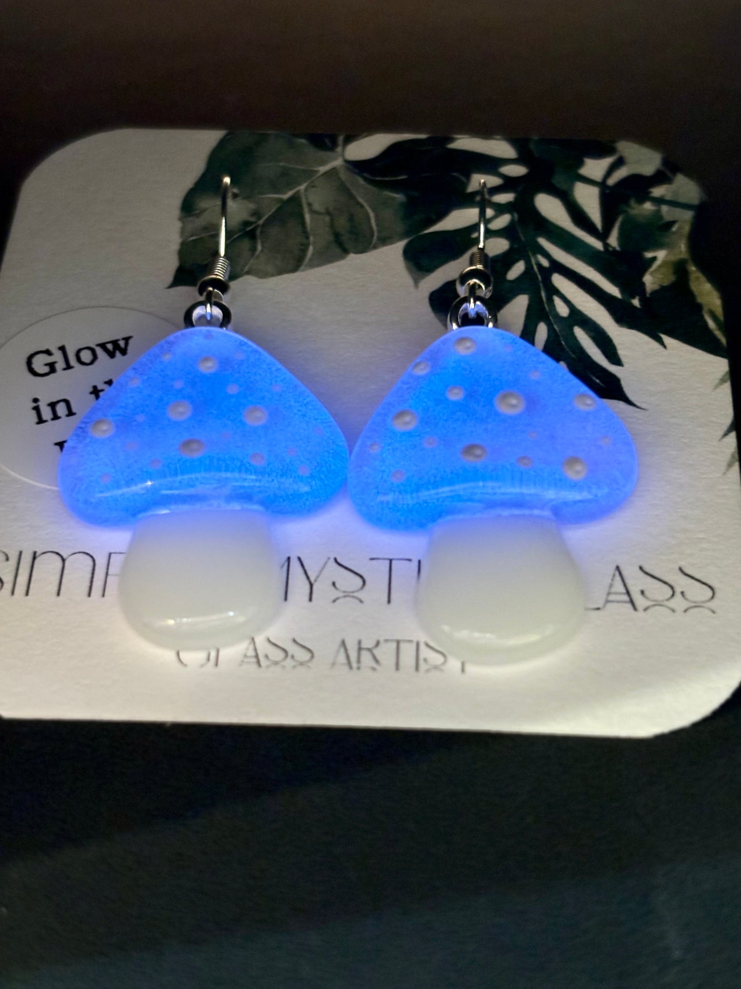 Mushroom glow in the dark glass earrings